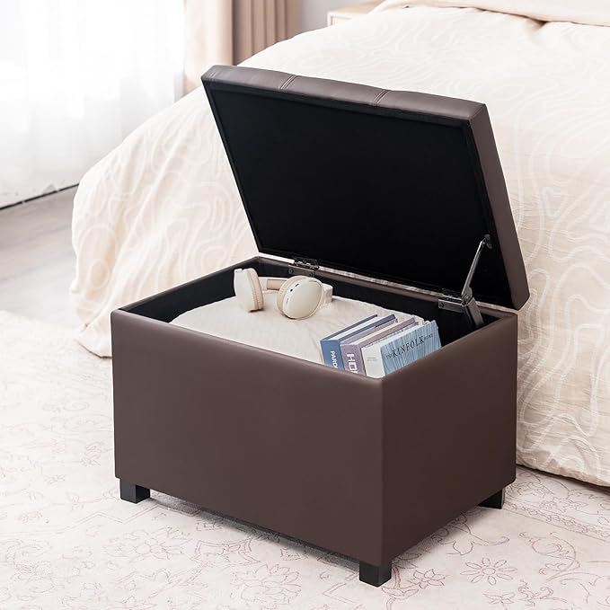 Joveco 24" Leather Storage Ottoman Bench, Rectangle Foot Rest Stool for Living Room, Bedroom, Entryway, Brown