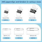 370 PCS Paper Clips and Binder Clips Set – Assorted Sizes Metal Clips (28-50mm Paper Clip + 15-25mm Binder Clip), Office Supplies for Home School