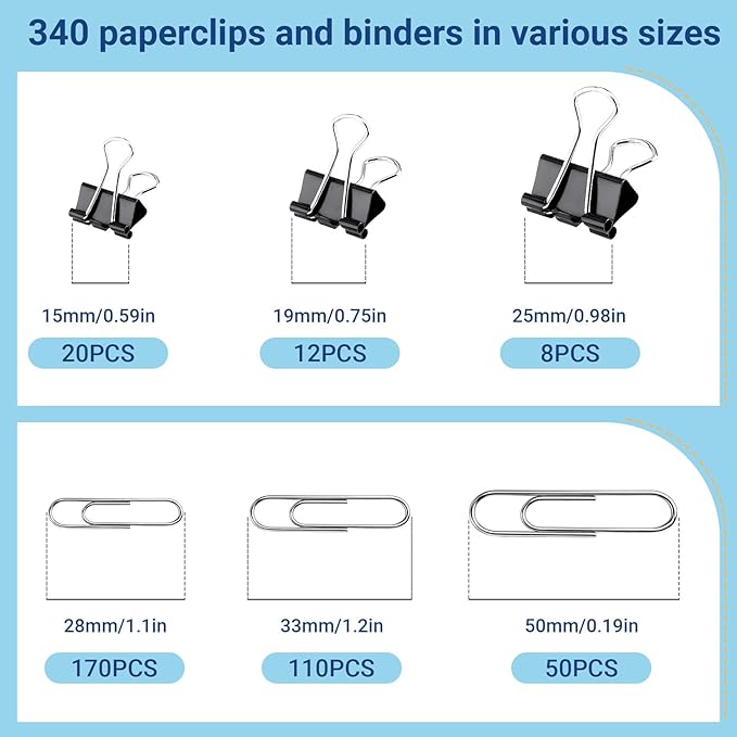 370 PCS Paper Clips and Binder Clips Set – Assorted Sizes Metal Clips (28-50mm Paper Clip + 15-25mm Binder Clip), Office Supplies for Home School