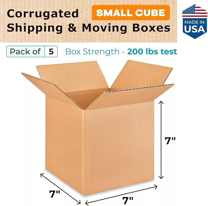 Small Cube Moving & Shipping Boxes 7 x 7 x 7 inches (5-Pack) - Extra Strength 200 lb vs Regular - Corrugated Moving Boxes for USPS/UPS/FEDEX - Packing Box - Box for Shipping by IDL Packaging