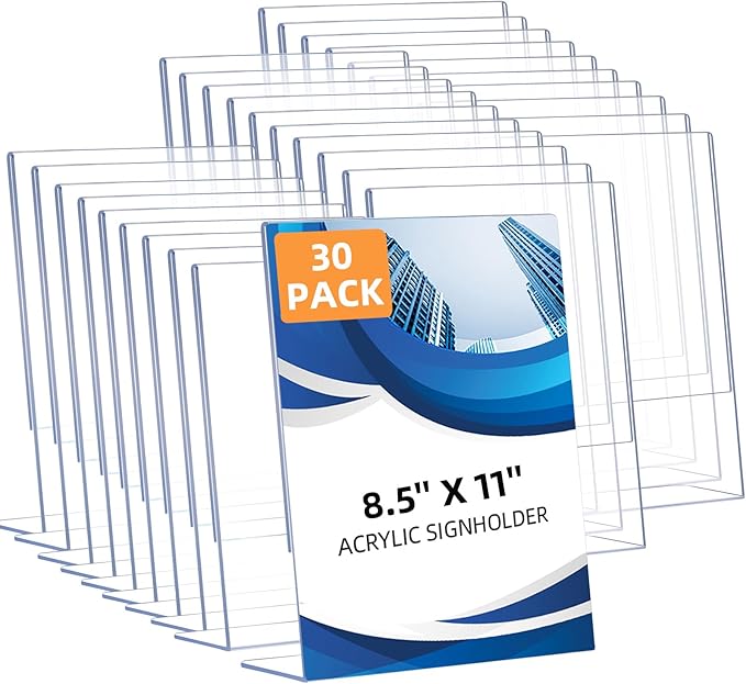 DECOHOBO 30 Pack Acrylic Sign Holder 8.5 x 11, Clear Plastic Display Stands for Tabletop, L-Shape Acrylic Stands for Flyers, Documents, Office, Restaurants, Vertical Sign Holder 8.5x11 for Desktop