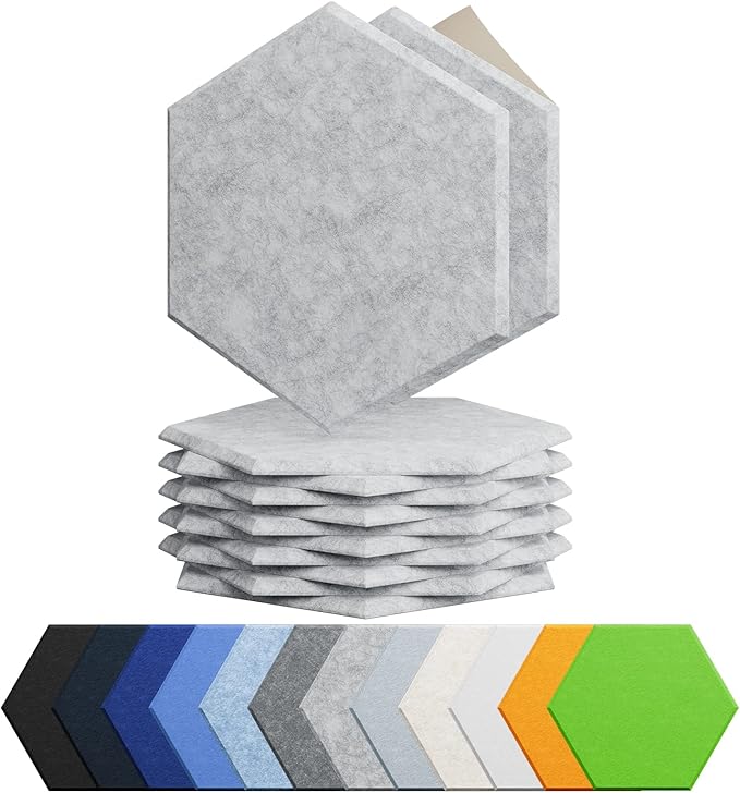 Amantech 12 Pack Acoustic Panels Self Adhesive Sound Proof Foam,High Density Sound Acoustic Foam Panel,12X10.23X0.4 Inch Hexagon Wall Panels in Home,Office,Reccording Room,Studio(Silver Gray)