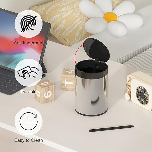 SolaceCove Mini Trash Can for Desk 0.4 Gallon,1.5L Stainless Steel mini Desk Trash can with Lid,Tiny Trash Can for Desk with 1 Roll Bags for Office, Home, Car,(Brushed Gray)