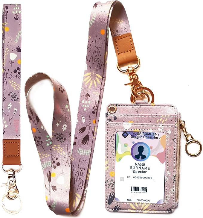 bolimoss Wallet Lanyard for id Badges,lanyards for id Badges for Women, Fashion Badge Holder with Zipper（Purple Gray）