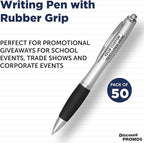 DISCOUNT PROMOS Personalized Ballpoint Pens With Rubber Grip, 50 pack Customizable Ergonomic Click-to-Write Custom Writing Pens for School with Black Ink, Black
