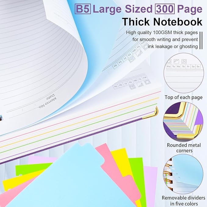Hardcover Spiral Notebook 8"x10" Journal Notebook with Tabs and Removable Dividers 300 Pages 5 Subject Notebook College Ruled, Faux Leather Spiral Bound Notebook for Women School Work (Purple)