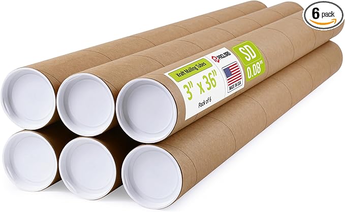 3" x 36" Reinforced Kraft Paper Mailing Tubes, Pack of 6 Tubes with 2 Caps Each – USPS Approved Poster Tube – Made in USA Cardboard Tube for Shipping and Storing Posters, Prints, Artwork, or Documents