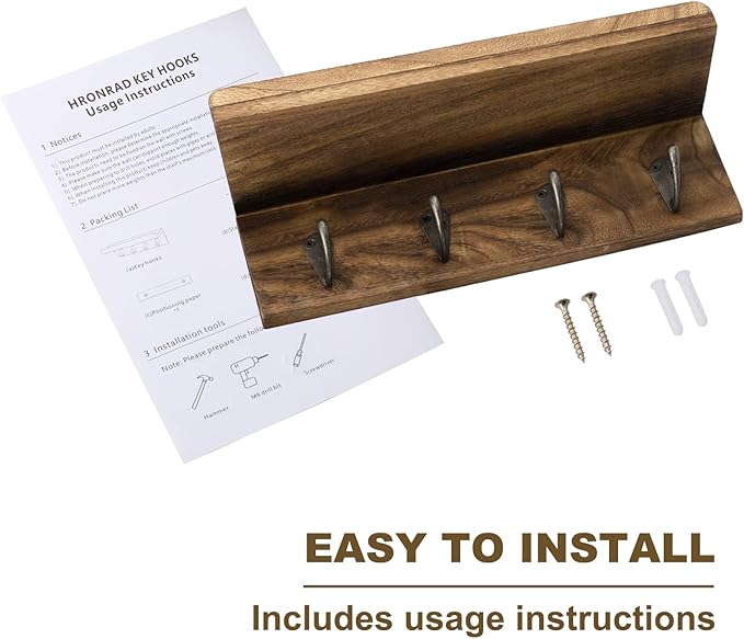 HRONRAD Rustic Key Holder for Wall, Farmhouse Wall Shelf with 4 Hooks, Wall Mounted Key Racks, Wooden Mail Organizer with Hooks for Entryway (Brown)