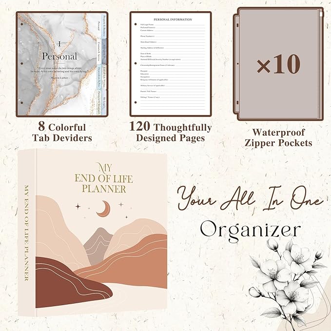 Lanpn End of Life Binder - 8.5x11, Final Wishes & Estate Document Folder with 8 Dividers & 10 Letter Size Binder Pockets, Death Planner Organizer, When I Die Journal Before Death Life Plan Book