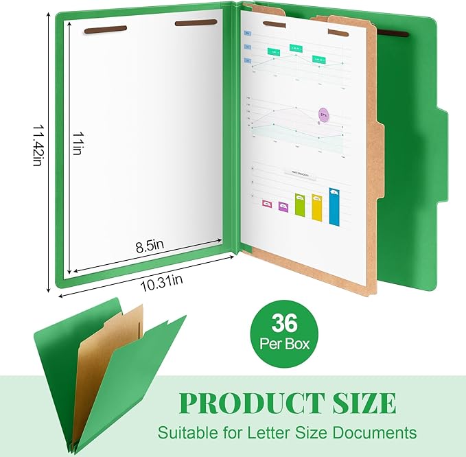 Skyygemm 36 Pcs Classification Folders Letter Size, 1 Divider Pressboard File Folder with Fasteners, Expanding File Organizer Bulk for School Teachers, Office Employee, Coworker, Staff (Green)