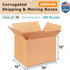 Medium Shipping & Moving Boxes 16x12x12 inches (10-Pack) - Extra Strength 200 lb vs Regular - Corrugated Boxes for Packaging Moving and Delivering - Square Box by IDL Packaging