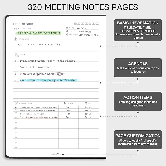 EMSHOI Meeting Notebook for Work with Action Items - 320 Pages B5 Thick Project Planner Agenda Organizer Work Notebook for Women Men Office Business Notes, PU Leather Hardcover, 7.5" x 10", Black