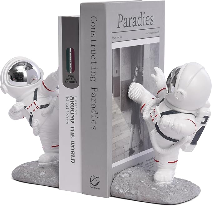 Kakizzy White Book Ends for Kids, Upgraded Astronaut Bookends Resin Spaceman Book Holders for Shelves Sturdy Book Stopper Book Ends to Hold Books Unique Outer Space Book Shelf Ends(F2-Silver Color)