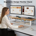 NestNeat Dual Monitor Stand, 35.4 Inch Monitor Stand Riser for 2 Monitors, 2 Tiers Wood Desk Shelf with Storage, Desktop Organizer Stand for Computer, Laptop, Printer, TV (Cherry Wood, 35.4in)