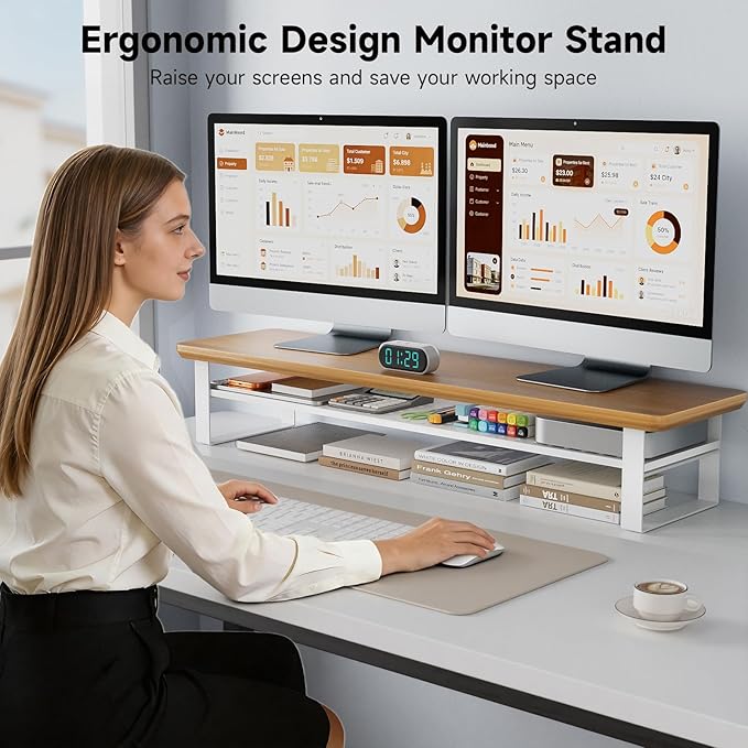 NestNeat Dual Monitor Stand, 35.4 Inch Monitor Stand Riser for 2 Monitors, 2 Tiers Wood Desk Shelf with Storage, Desktop Organizer Stand for Computer, Laptop, Printer, TV (Cherry Wood, 35.4in)
