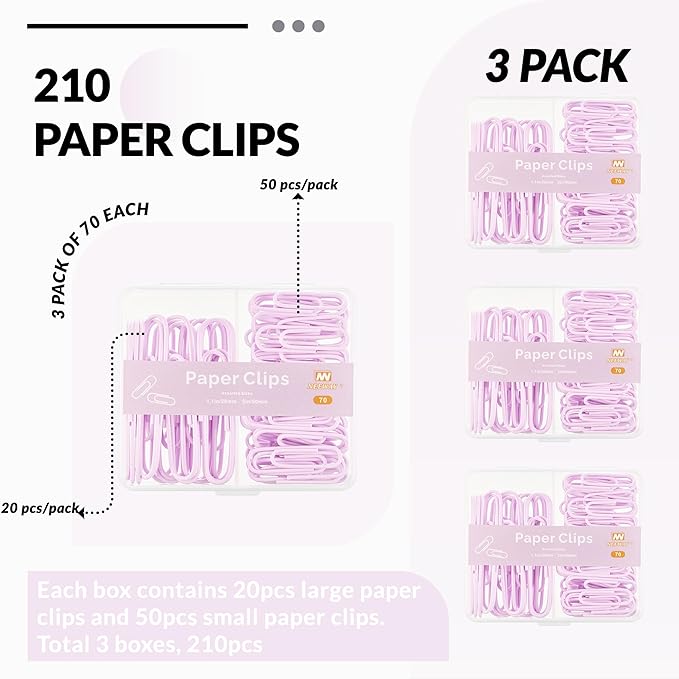 NEEWAY Colorful Paper Clips Assorted Sizes, Small and Large Paperclips, 210 Count, 3 Pack of 70 (Light Purple)