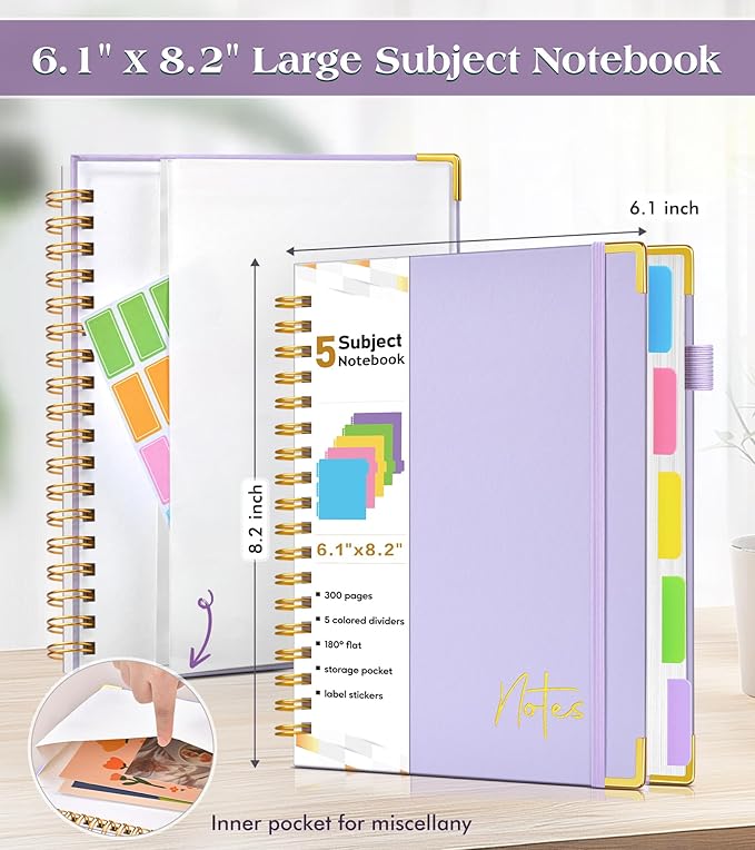 Spiral Notebook Journal with Removable Dividers Tabs, 300 Pages Hardcover Leather 5 Subject College Ruled Notebook, 6.1"x8.2" Large A5 Lined Journal for Women, Spiral Notebook for Work School, Purple
