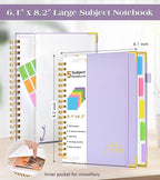 Spiral Notebook Journal with Removable Dividers Tabs, 300 Pages Hardcover Leather 5 Subject College Ruled Notebook, 6.1"x8.2" Large A5 Lined Journal for Women, Spiral Notebook for Work School, Purple