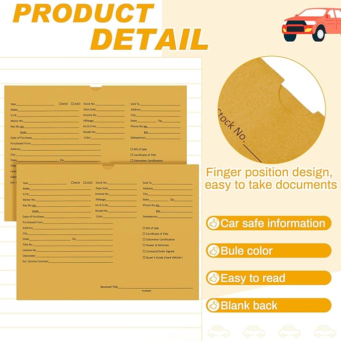 120 Pcs 9 x 12 In Vehicle Dealer Jackets for Car Sales 32lb Colored Printed Deal Envelopes Dealership Supplies File Jackets Automotive Folders for Car Dealerships (Cowhide Yellow)