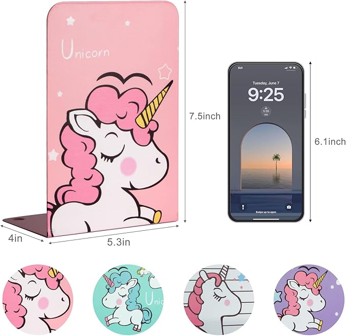 Zyners 8 Pieces Bookends, Metal Bookends for Shelves, Non-Skid Heavy Duty, Unicorn Cute Book Ends for Kids, Girls, Children(5.3 x 4 x 7.5 inches)