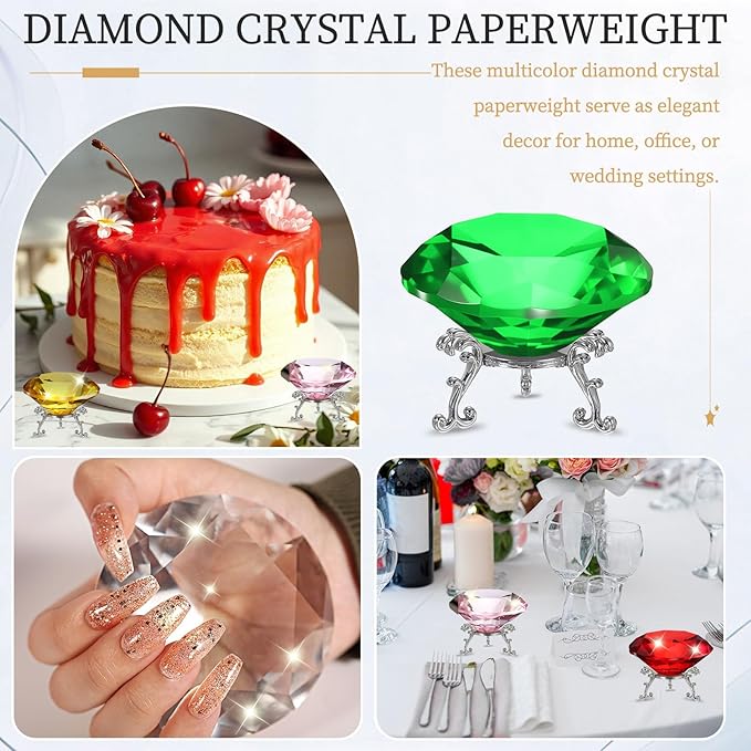 PATIKIL Diamond Crystal Paperweight, 100mm / 3.94" Crystal Paperweight Paper Weight with Silver 25 Metal Base for Home Office Desktop Table Decor Wedding Party Ornaments, Green