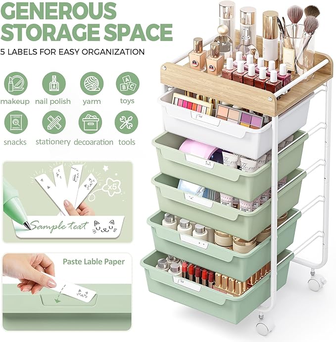 Rolling Storage Utility Cart With 5 Drawers,Craft Cart with Wheels,Makeup Organizer,Art Supply And Storage Wooden Tabletop,Green