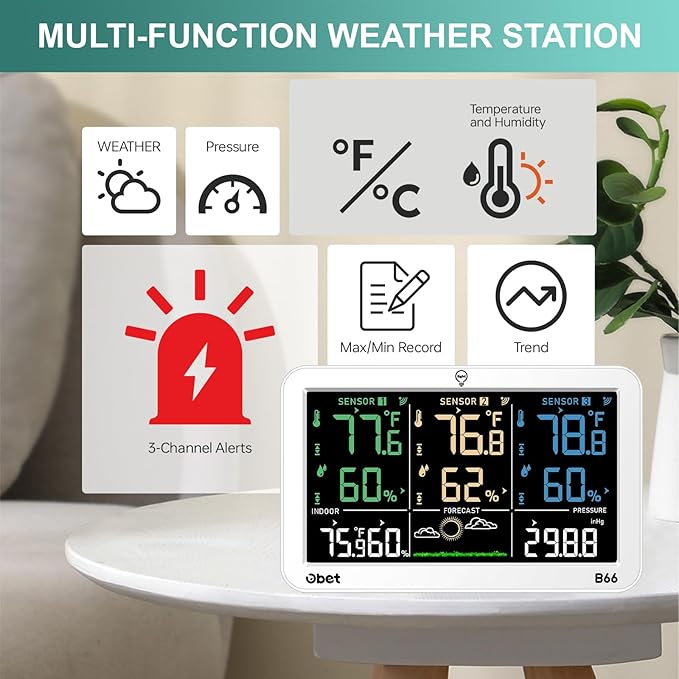 OBET Weather Station Wireless Indoor Outdoor Thermometer with 3 Sensors, Temperature Humidity Monitor with Alerts 500ft Range and 3 Adjustable Brightness White