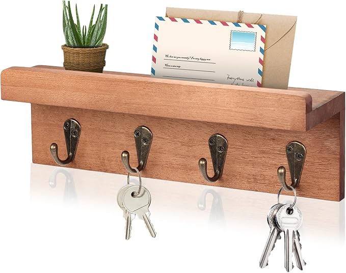 HRONRAD Rustic Key Holder for Wall, Farmhouse Wall Shelf with 4 Hooks, Wall Mounted Key Racks, Wooden Mail Organizer with Hooks for Entryway (Brown - Oak)