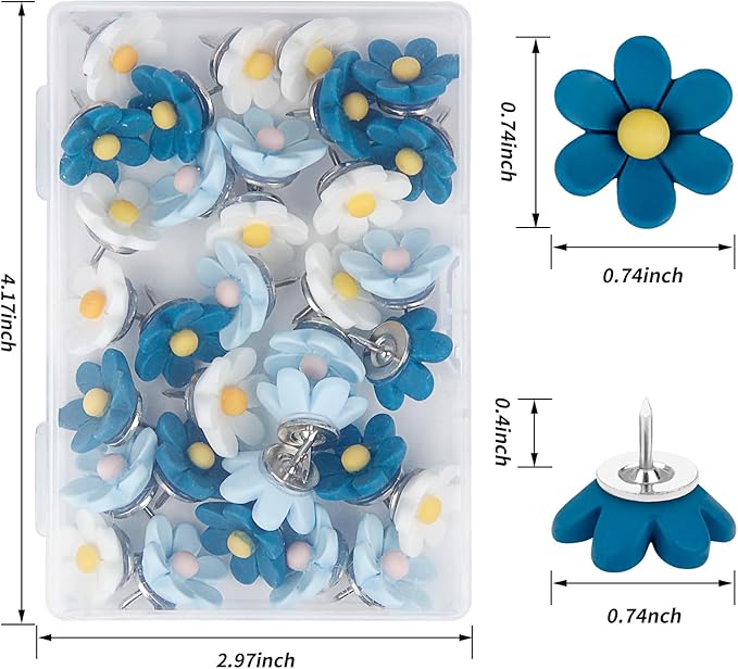 Decorative Push Pins,30pcs Flower Push Pins for Cork Board Blue Thumb Tacks Cute Push Pins Fun Thumb Tacks Decorative for Photo Wall, Feature Wall,Map, Bulletin Board, Office or Home