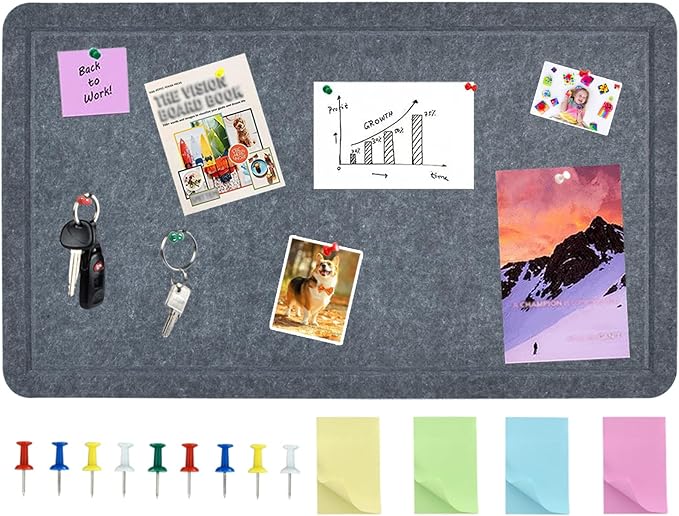 Vuzvuv Dark Grey 28"x16" Large Cork Board with 50 Push Pins & Sticky Notes, Self-Adhesive Bulletin Board for Wall, Felt Pin Vision Board for Paste Notes,Schedules Offices Home