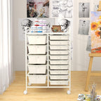 GOFLAME 15-Drawer Rolling Storage Cart, Craft Storage Cart with Removable Drawers & Lockable Wheels, Art Cart Supply Storage Organizer for Home Office Classroom, White