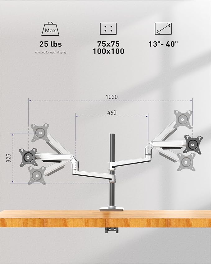 Ergounion Quad Monitor Mount, Holds Screens up to 40 Inches and 25 lbs, Fully Adjustable 4 Monitor Mount with C-Clamp and Grommet Base, Aluminum, Silver