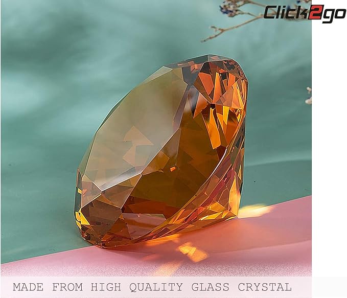 CLICK2GO 3” / 80 mm Amber Diamond Shaped Glass Crystal Paperweight – Home Office Decor & Wedding Favors Decoration with Gift Box