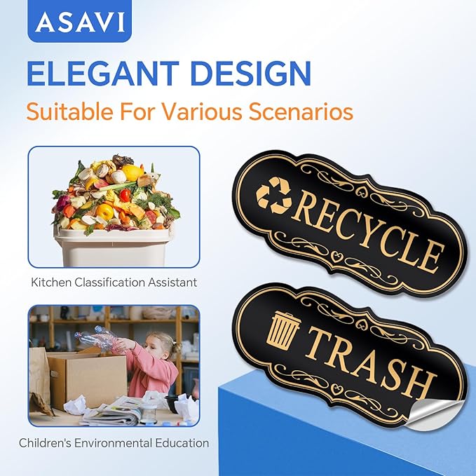 ASAVI Trash & Recycle Stickers – 2-Pack Self-Adhesive Vinyl Labels, Waterproof & Durable (Black Gold, Medium 6.3 x 2.7 inches)
