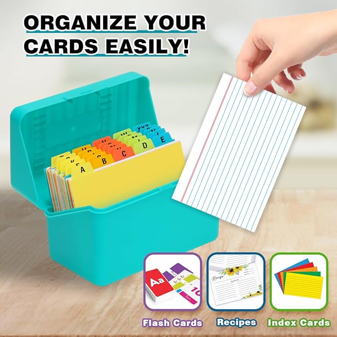 H4D 4x6 Index Card Holder with 100 Heavyweight Ruled Index Cards and 25 Plastic Dividers, Teal