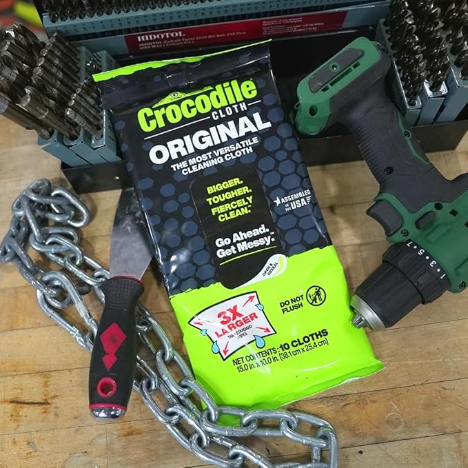Crocodile Cloth Original Cleaning Wipes – 10 (15” x 10”) Hand & Tool Industrial Cleaning Wipes – Large Multi-Surface Cleaning Cloths, Water-Based Solution with Extreme Cleaning Power — Safe on Skin
