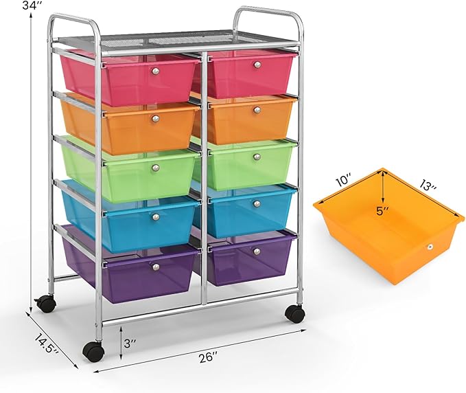 GLACER 10 Drawer Rolling Cart, Storage Cart with Lockable Whieels & Metal Frame, Trolley for Art Craft Oganizer, Mobile Utility Cart for Office, School, Classroom, Kitchen (Clear Rainbow)
