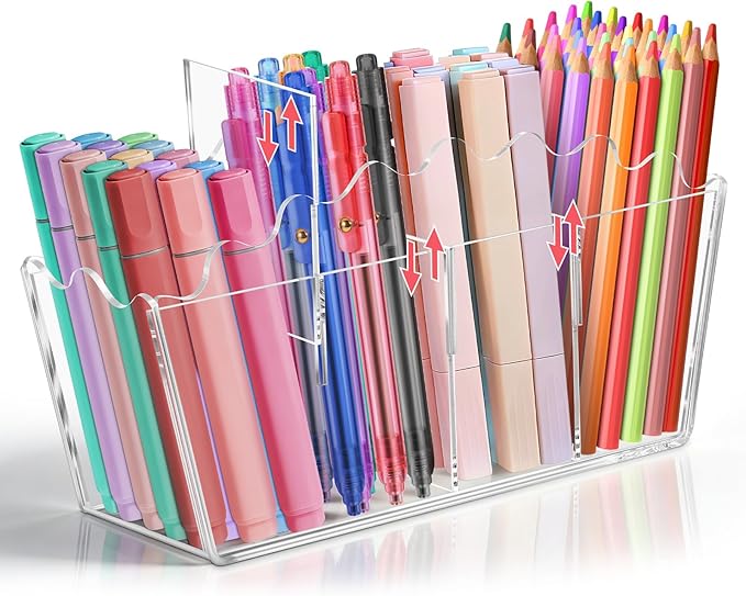 Zioffiel Scalloped Acrylic Pen Pencil Marker Cup Holder Organizer for Desk 4 Compartments, Clear Makeup Brush Holder With Removable Dividers