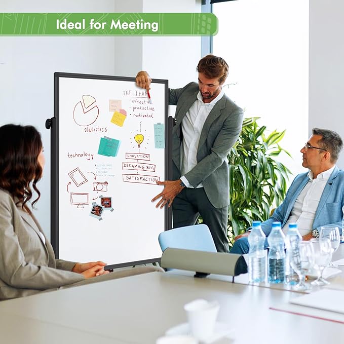 Rolling Whiteboard on Wheels, 32x48 Inches Double-Sided Magnetic Dry Erase Board with Stand, Height Adjustable Mobile White Board Easel for Classroom Home Office Black