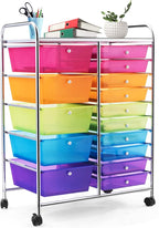 COSTWAY 15 Drawer Rolling Storage Cart, Multipurpose Mobile Storage Organizer w/Removable Drawers & Metal Frame, Utility Tools Paper Organizer on Wheels for Home, Office (Rainbow)