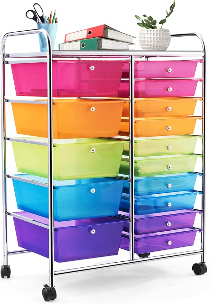 COSTWAY 15 Drawer Rolling Storage Cart, Multipurpose Mobile Storage Organizer w/Removable Drawers & Metal Frame, Utility Tools Paper Organizer on Wheels for Home, Office (Rainbow)