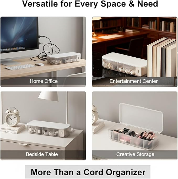 mioluo Cord Organizer Box with Lid, 7 Compartment Cable Management with 7 Wire Ties, Dustproof Cable Storage Box for Office & Home, Wire Hider for Computer Desk, Charger Cables, Power Cords (1pack)
