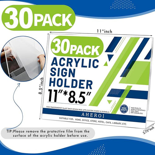 Aheroi 30Pcs Acrylic Sign Holder 8.5 x 11, L-shape Clear Sign Holders, Horizontal L-shape Acrylic Paper Holder, Plastic Table Sign Holders, Plastic Paper Holder Display Standing for Office Home School