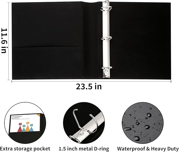 LETVPVOW Vintage Hardback 3 Ring Binder 1.5 Inch, Professional Leather Binder 3 Ring, Three Ring Binders Fits 8.5 x 11, D Ring Binders for Photo Album, Home, School and Office Supplies- Black