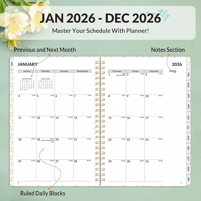 SUNEE 2026 Planner, Weekly and Monthly Calendar Planner, January 2026-December 2026, Daily Agenda with Tabs, Note Pages, Spiral Binding, 6.4"x8.3", Flora