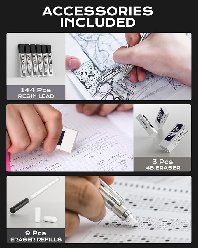 Nicpro 4 Pack Mechanical Pencil 0.5 mm with Case, MB1000 Metal Mechanical Pencil Set with 6 Tube HB #2 Lead Refill 0.5mm, 3PCS 4B Eraser, 9 Cap Eraser for Artist Drafting Writing, Sketching, Drawing