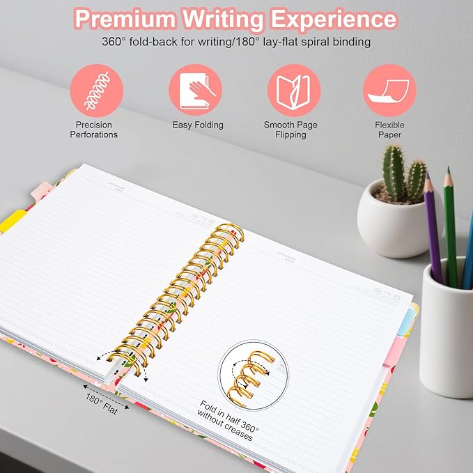 Spiral Journal Notebooks for Work, 300 Pages 5 Subject Notebook College Ruled with Dividers & Tabs, 8''x 10'' Large Notebook Journal for Women Students Note-Taking and Organizer (Pink Floral)