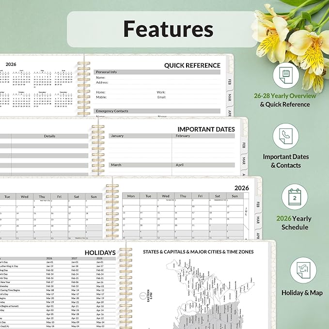 SUNEE 2026 Planner, Weekly and Monthly Calendar Planner, January 2026-December 2026, Daily Agenda with Tabs, Note Pages, Spiral Binding, 8.5"x11", Flora