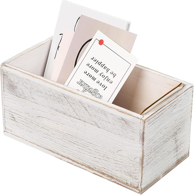 ExoLiry Rustic White Washed Wood Mail Box Storage Holder File Organizer Tabletop Wooden Basket Letter Script Design Envelope Folder Decorative Container Desk Home Office Entryway Bedroom Living Room