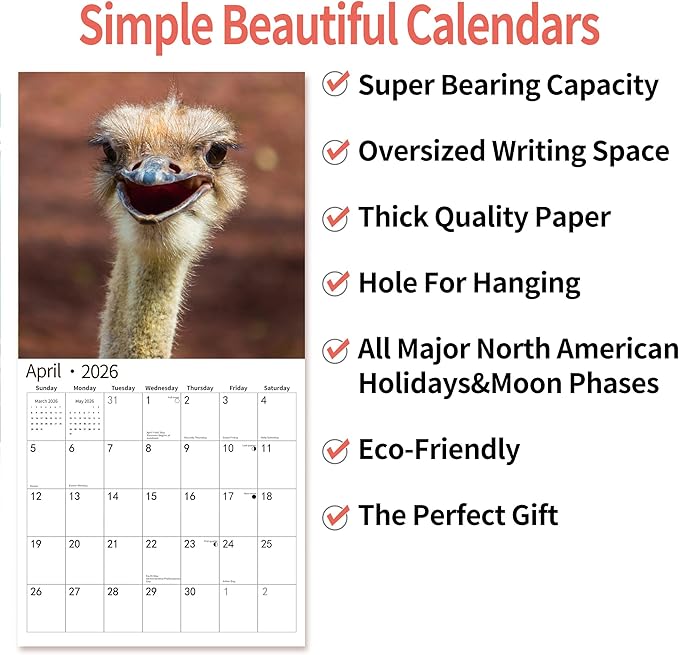2026 Wall Calendar,Calendar 2026, November 2025 - December 2026, Wall Calendar Smiling Animals, 12" x 24" Opened,Full Page Months Thick & Sturdy Paper for Calendar Organizing & Planning